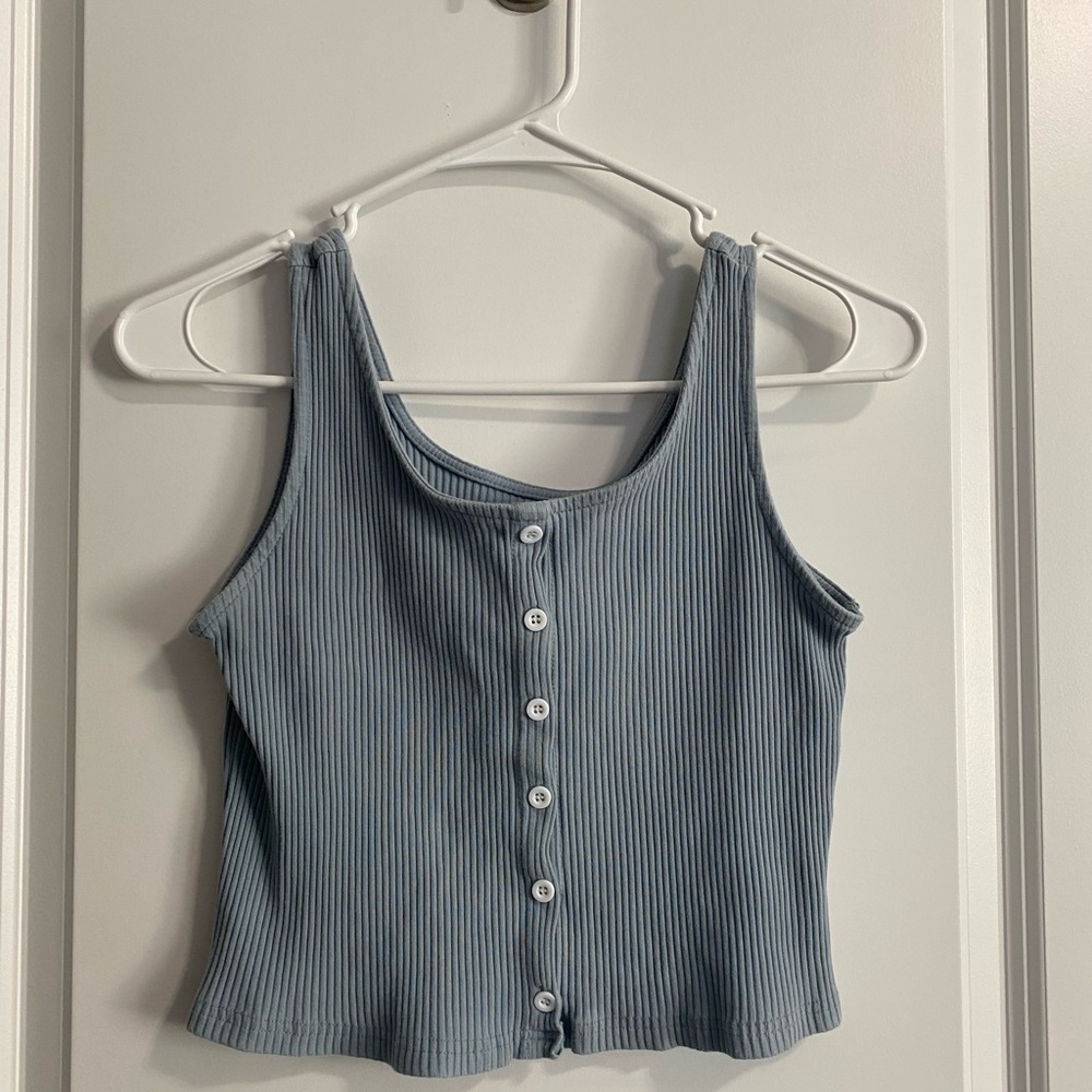 Blue Button-Up Ribbed Women's Top